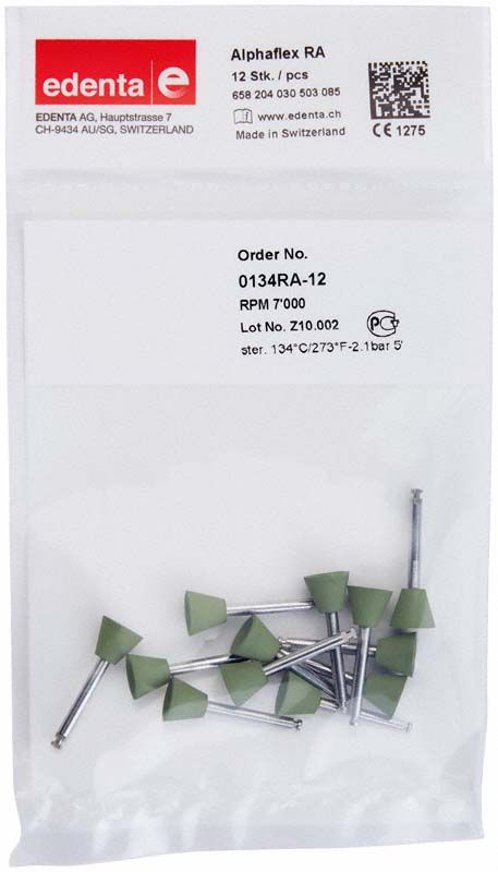 Alphaflex Polierer grün RA in Verpackung mit Bestellnummer.
