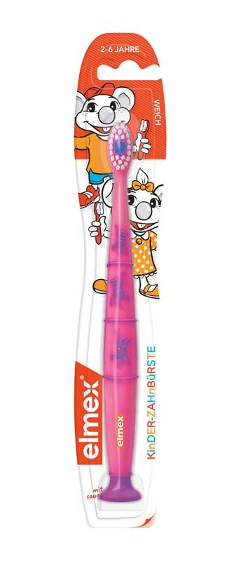 elmex Kinder-Zahnbürste in bunter Verpackung mit kindgerechtem Design.