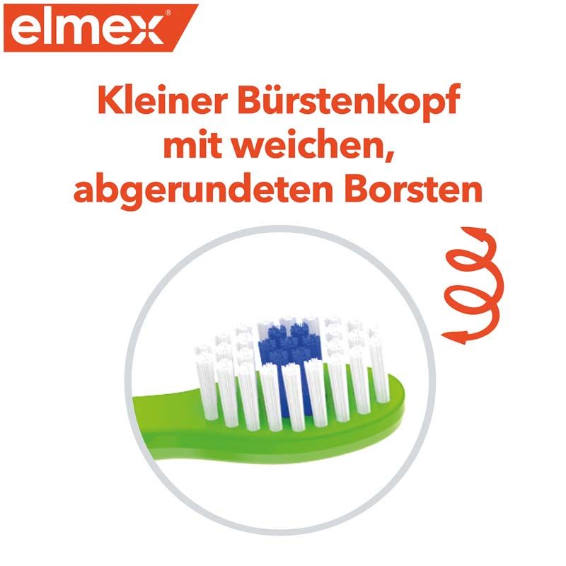 Kleiner Bürstenkopf der elmex Kinderzahnbürste mit weichen, abgerundeten Borsten.
