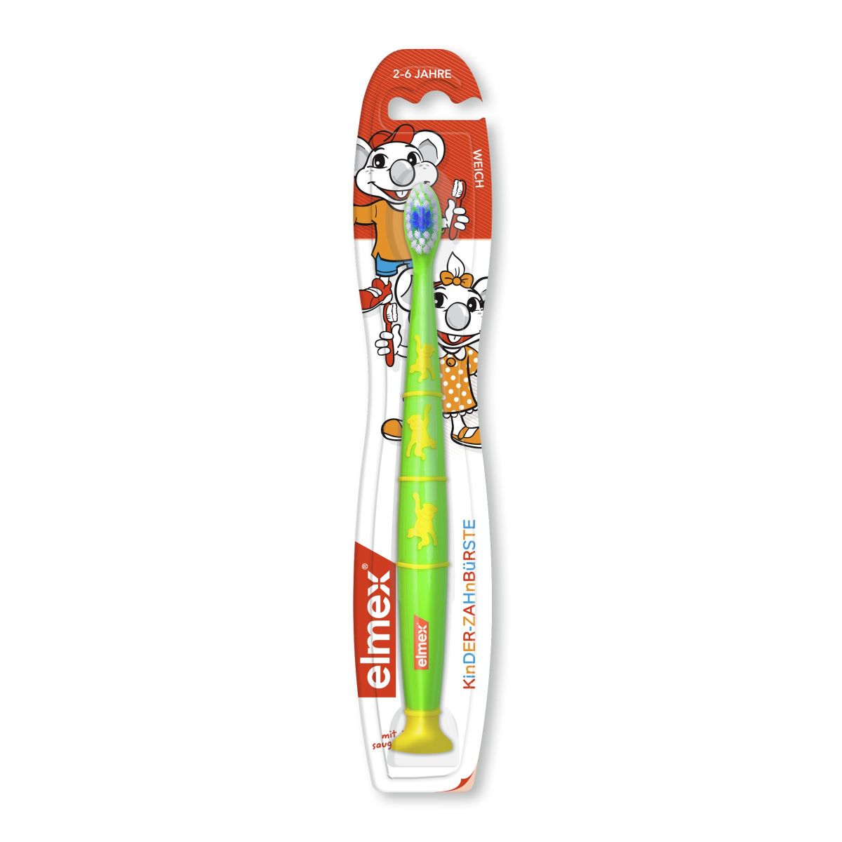 elmex Kinderzahnbürste mit farbenfrohem Griff und abgerundeten Borsten in Blisterverpackung.