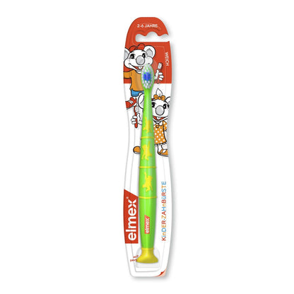 elmex Kinderzahnbürste mit farbenfrohem Griff und abgerundeten Borsten in Blisterverpackung.