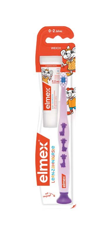 elmex Lern-Zahnbürste und Zahnpasta für Kleinkinder mit weichen Borsten.