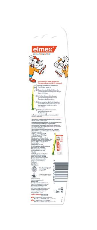 elmex Kinderzahnbürste und Zahnpasta in Originalverpackung mit Produktinformationen.
