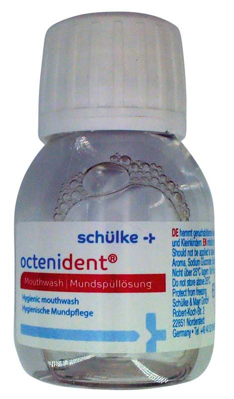 Octenident® Mundspüllösung 60ml Flasche mit blau-weißem Etikett.