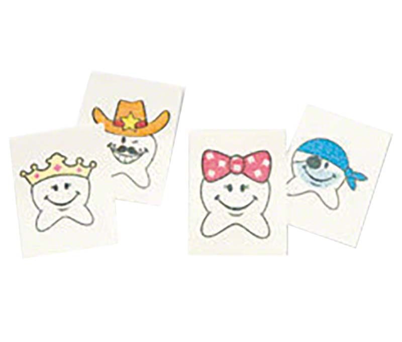 Tattoos Glitzerzähne mit kindgerechten, lächelnden Zahndesigns und bunten Accessoires.