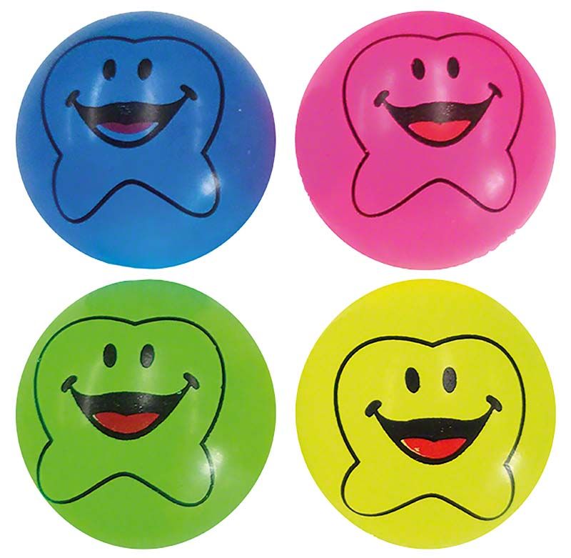 Springbälle mit lachendem Zahn in vier leuchtenden Farben.