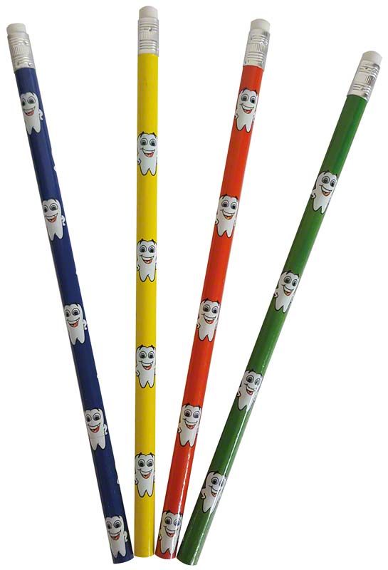 Bunte Bleistifte mit Zahnmotiven und integriertem Radiergummi.