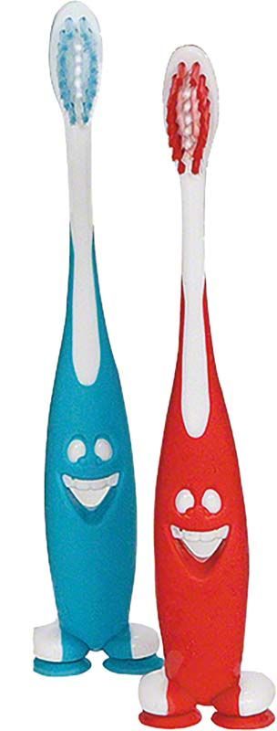 Zahnbürsten Smilies mit Smiley-Motiv und doppeltem Saugnapffuß in Blau und Rot.