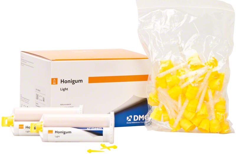 Honigum Automix light Karton mit Kartuschen und gelben Mischkanülen.