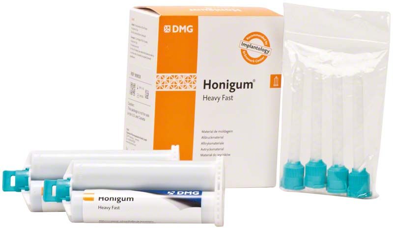 Honigum-Heavy Fast Automix Kartuschen und Verpackung für dentalmedizinische Anwendungen.