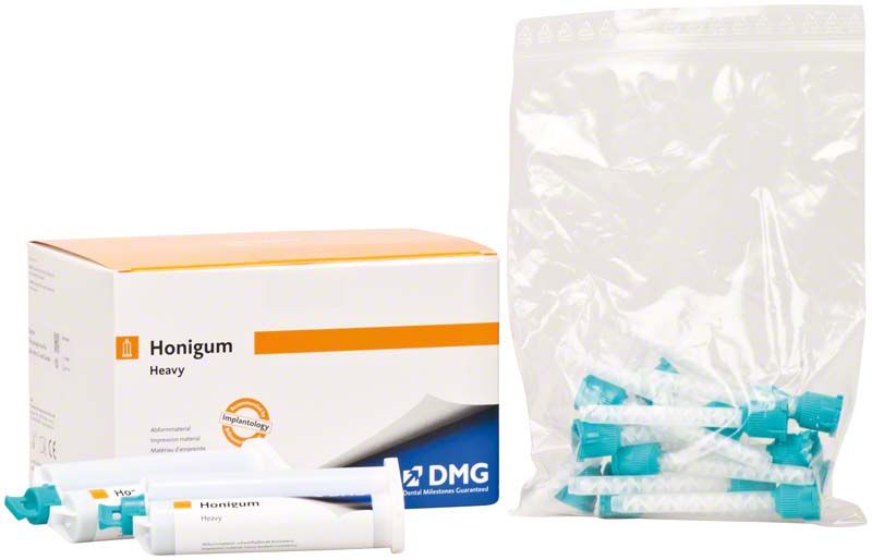 Honigum-Heavy Automix Karton mit Kartuschen und grünen Mischkanülen.