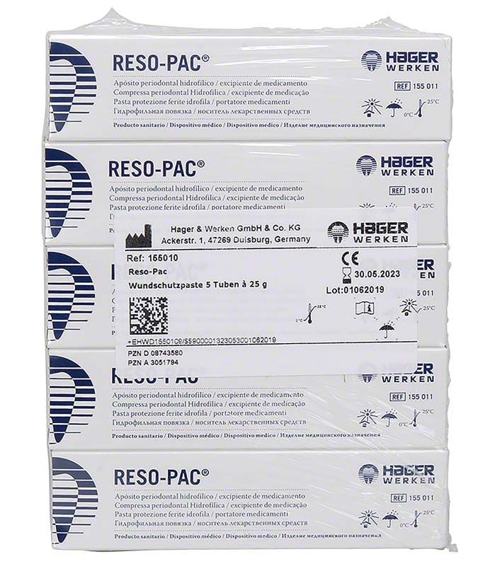 Reso-Pac® Wundschutzpaste Tuben in weißer Verpackung mit Produktdetails.