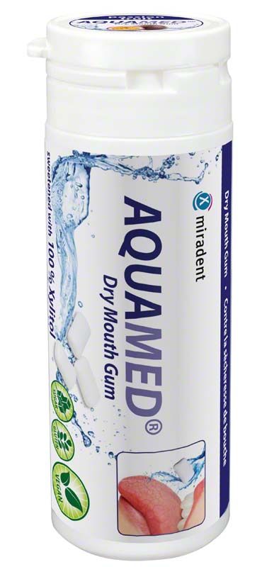 AQUAMED® Dry Mouth Gum Dose mit Wasserspritzern und Kaugummis auf der Verpackung.