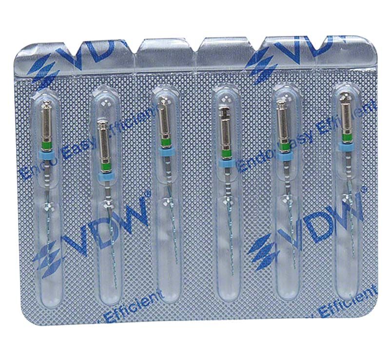 VDW.ROTATE™ NiTi Wurzelkanalfeilen in Blisterverpackung, sechs Feilen sichtbar.