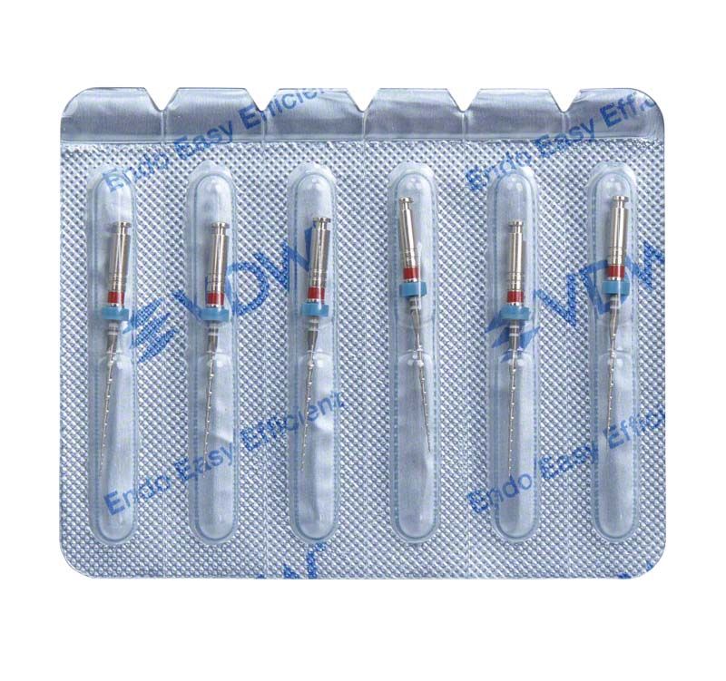 Verpackung mit sechs VDW.ROTATE™ NiTi Wurzelkanalfeilen, 21mm Länge.