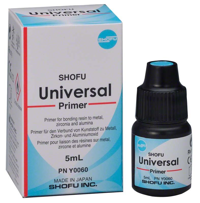 Shofu Universal Primer, 5 ml Flasche neben der Verpackung.