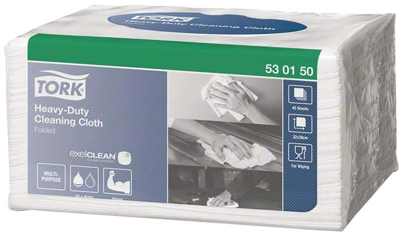 Tork Reinigungstücher extra stark, 45 Stück, weiße Verpackung mit blauen Details.