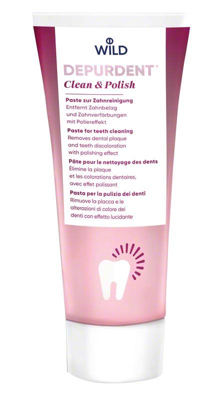 DEPURDENT® Clean & Polish Reinigungspaste mit mehrsprachiger Verpackung und Zahn-Icon.