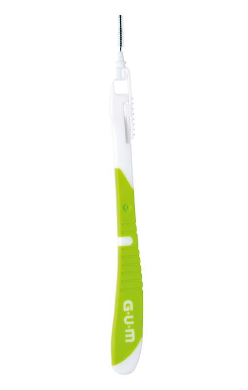 Interdentalbürste GUM® BI-DIRECTION mit grünem Griff und schwenkbarem Bürstenkopf.