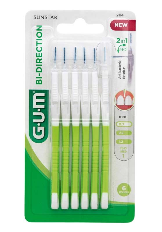 Interdentalbürsten GUM® BI-DIRECTION in Blisterverpackung mit grünem Griff und 90°-Bürstenkopf.