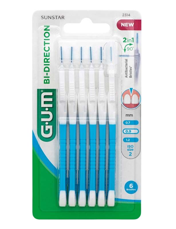 GUM® BI-DIRECTION Interdentalbürste 6er Blister in Blau mit schwenkbarem Kopf.