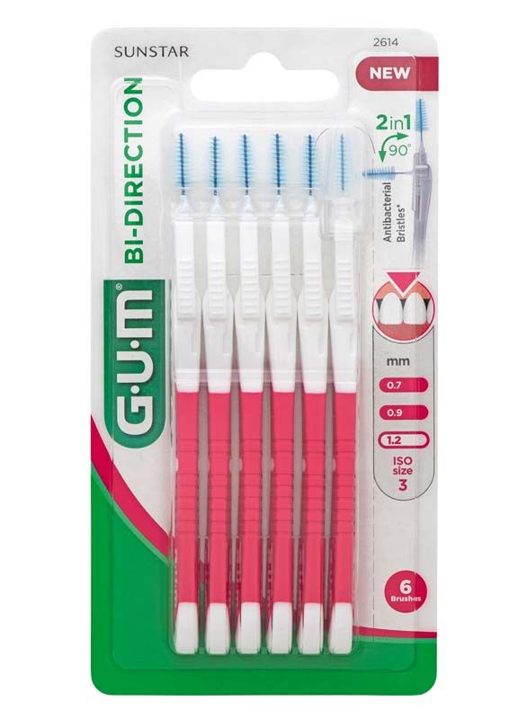 GUM® BI-DIRECTION Interdentalbürsten Blisterpackung mit 6 pinken Bürsten, schwenkbarer Kopf.