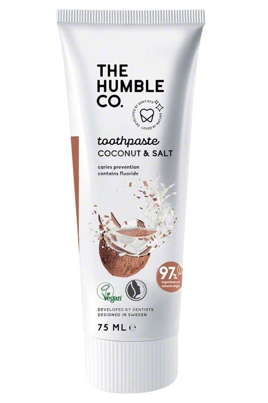 Zahnpastatube der Marke Humble mit Kokosnuss- und Salzgeschmack, 75 ml.