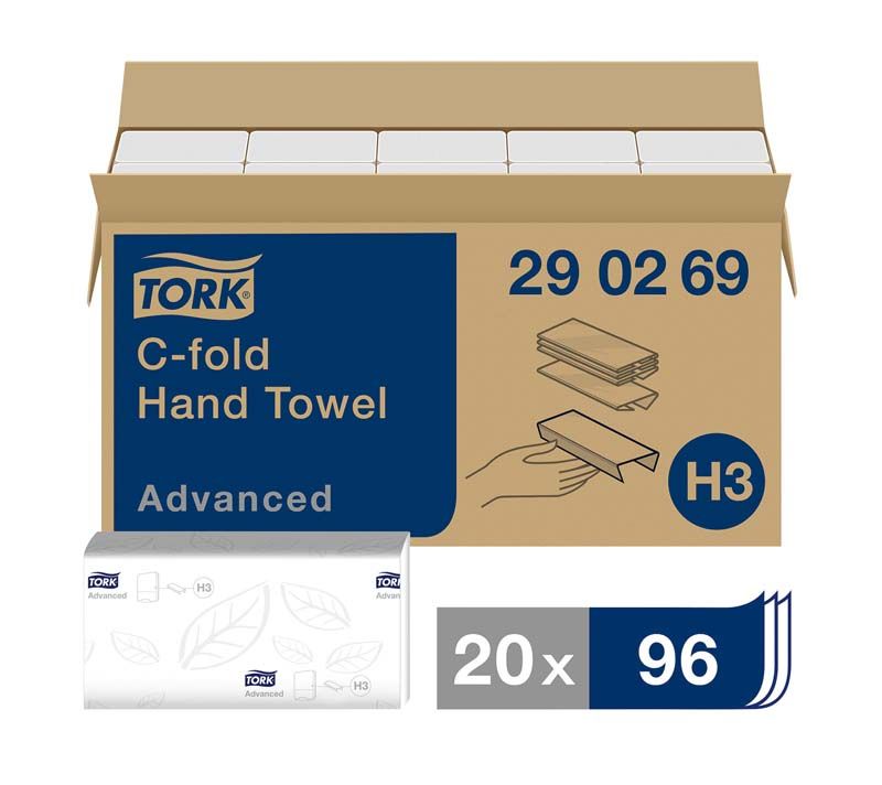 Geöffneter Karton mit Tork® Advanced C-Falz Handtüchern, Verpackung zeigt 20 x 96 Stück.