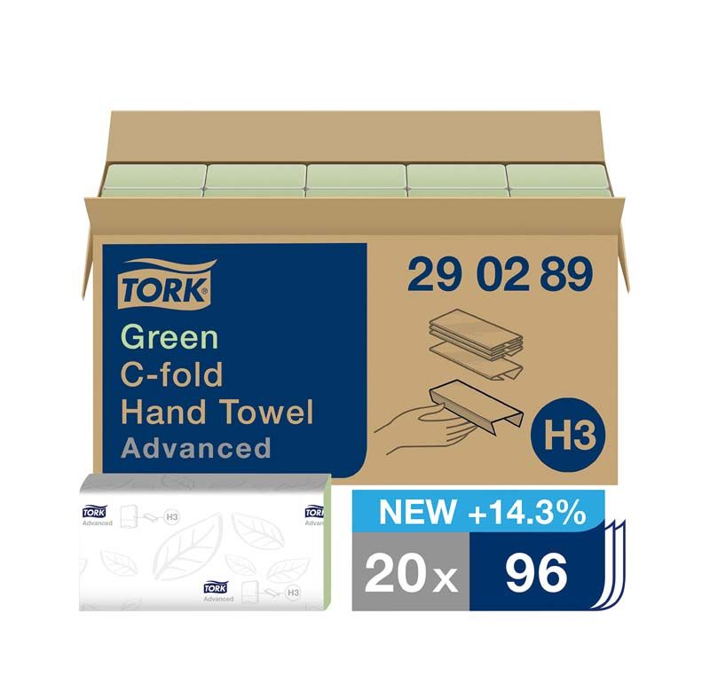 Tork® Advanced Handtücher in geöffneter Verpackung mit C-Falz-Symbolik.