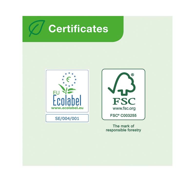 Zertifizierungssymbole für EU Ecolabel und FSC auf grünem Hintergrund.