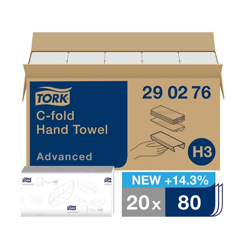 Tork Advanced Handtücher in geöffneter Verpackung mit Mengenangabe und C-Falz-Design.
