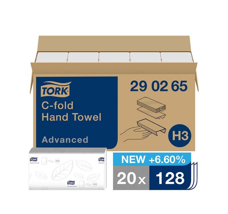 Offener Karton mit Tork® Advanced C-Falz Handtüchern und Verpackungsdetails.
