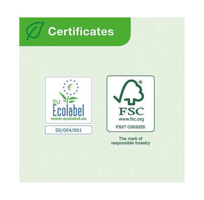 Zertifikate für EU Ecolabel und FSC auf grünem Hintergrund.