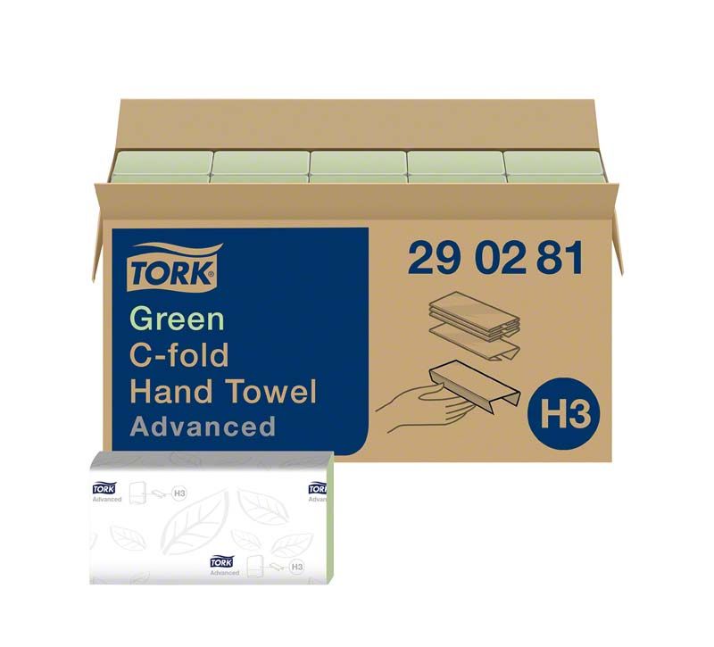 Tork® Advanced Handtücher in grünem Karton mit Produktdetails.