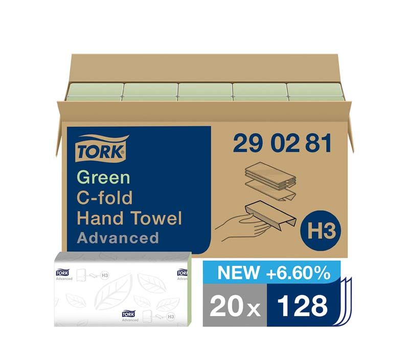 Offener Karton mit Tork® Advanced Handtüchern und Produktdetails in Blau.