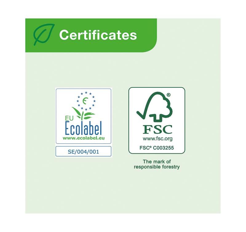 Zertifikate für EU Ecolabel und FSC auf grünem Hintergrund.