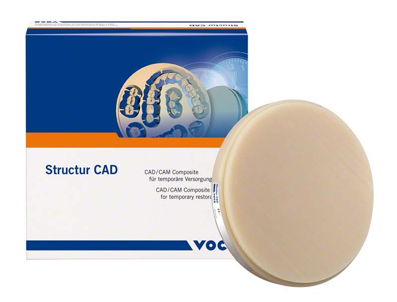 Rundes, beiges CAD/CAM-Composite-Disc vor Verpackung mit Zahnabbildung.