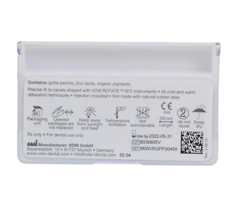 Verpackungsrückseite der VDW.ROTATE™ Guttapercha 50.04 mit Produktinformationen.
