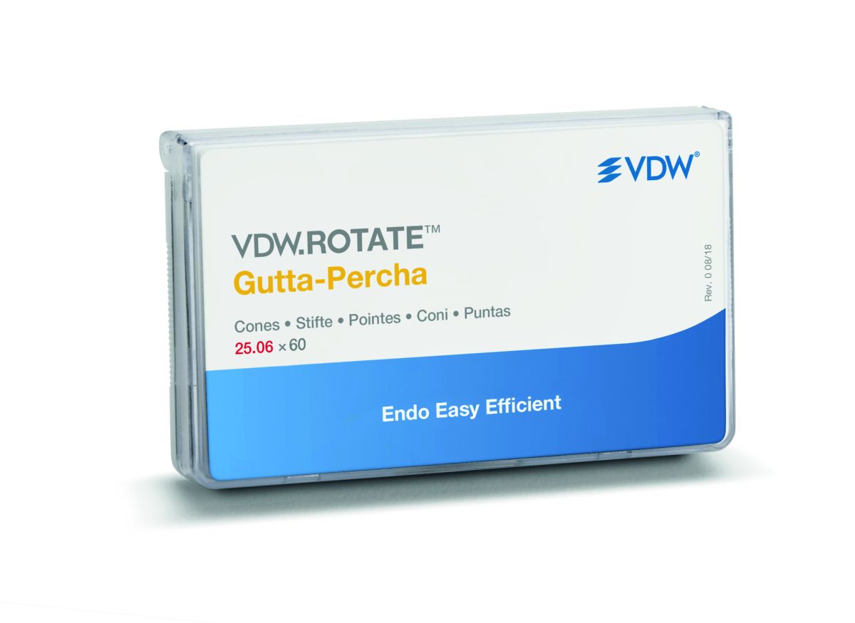 VDW.ROTATE™ Guttapercha-Verpackung mit blauer und weißer Aufschrift.