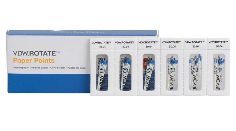 VDW.ROTATE™ Papierspitzen 30.04 Verpackung mit farbcodierten Paperpoints.