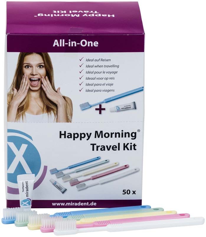 Happy Morning® Travel Kit Verpackung mit fünf bunten Einwegzahnbürsten und Zahnpasta.