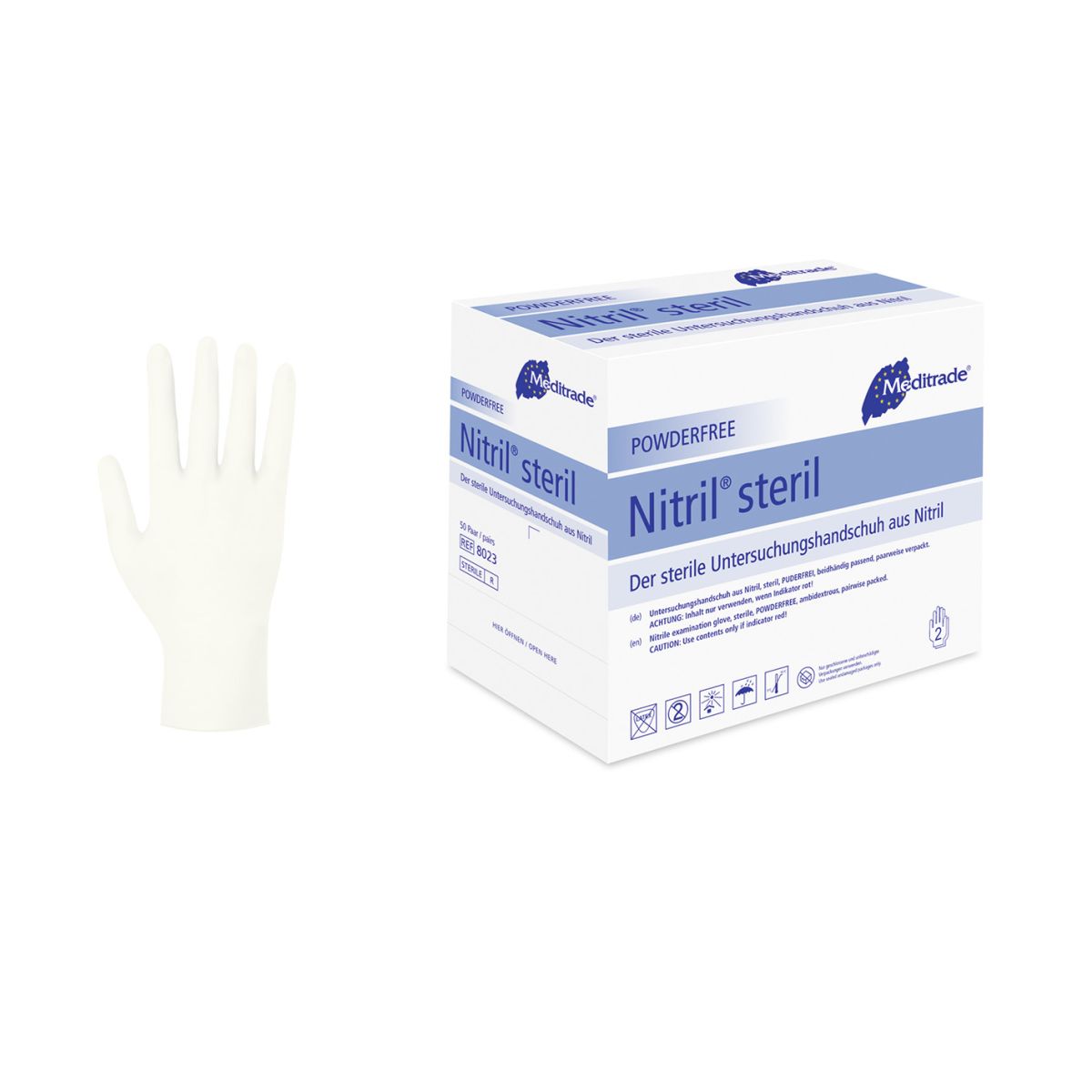 Nitril® Steril Handschuhe Gr. XL in Verpackung mit einem Handschuh.