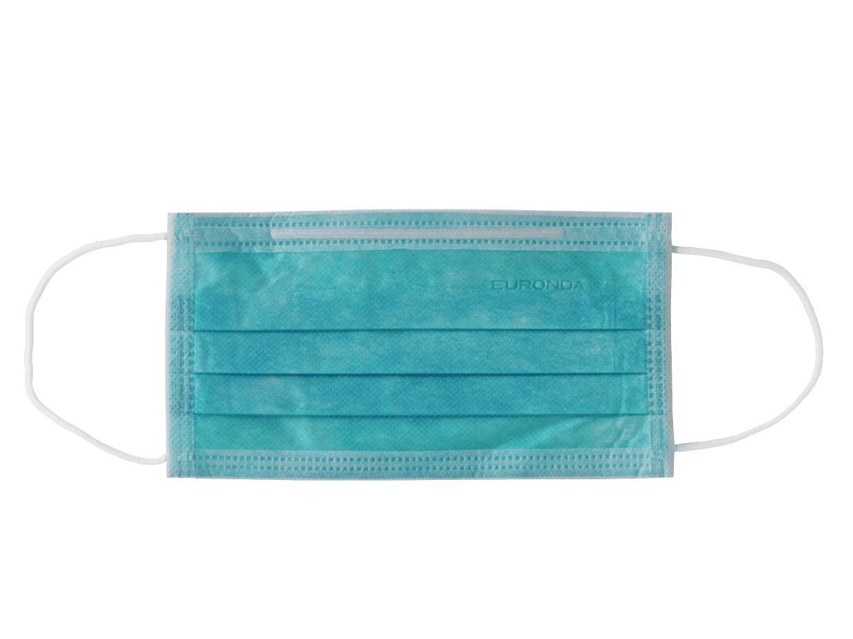 3-lagiger lagunablauer Mundschutz mit Gummizug und Metall-Nasenbügel.