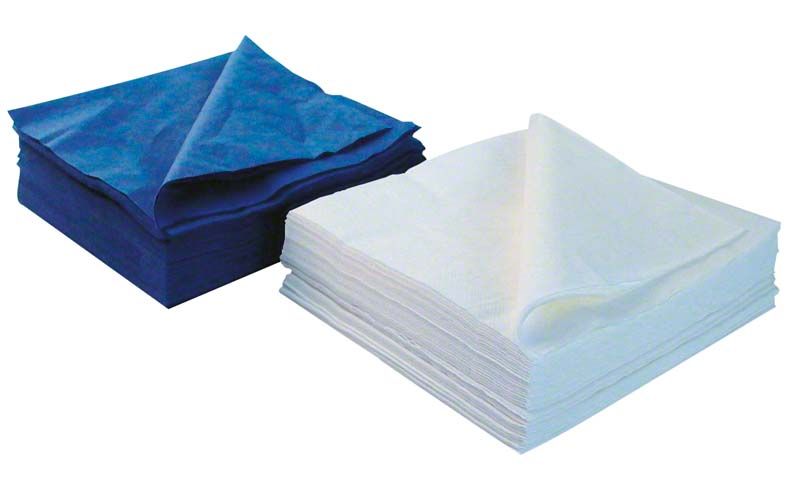 Zwei Stapel Monoart Zelltuchservietten, weiß und blau, 2-lagig, 40x40 cm.
