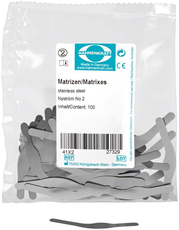 Matrizen Nyström 100er Packung aus Edelstahl in transparenter Verpackung.