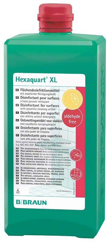 Grüne 1-Liter-Flasche Hexaquart® XL Flächendesinfektionsmittel von B. Braun.