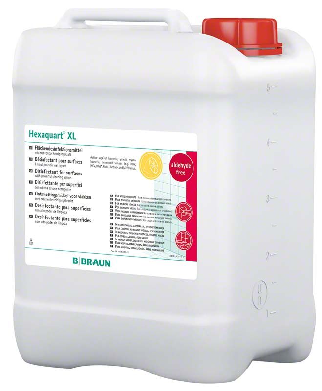 5-Liter-Kanister Hexaquart® XL Desinfektionsmittel mit rotem Verschluss.