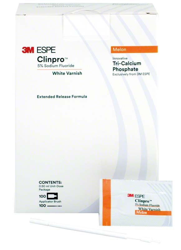 Clinpro™ White Varnish Melone mit Applikator und Verpackung.