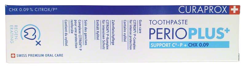 CURAPROX PERIOPLUS+ Support Zahnpasta-Verpackung mit Produktdetails und Logo.
