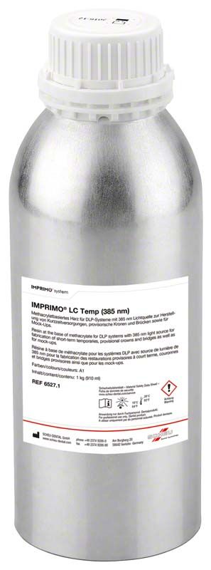 Silberne Flasche mit IMPRIMO® LC Temp A1 Etikett und Sicherheitsinformationen.